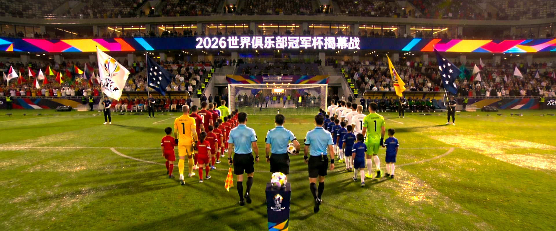 2026世界俱乐部冠军杯揭幕战比赛现场，两支球队在球场中央列队入场