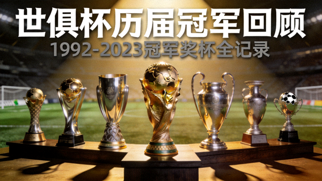 世俱杯历届冠军回顾视频封面，多座冠军奖杯在展台上依次排列
